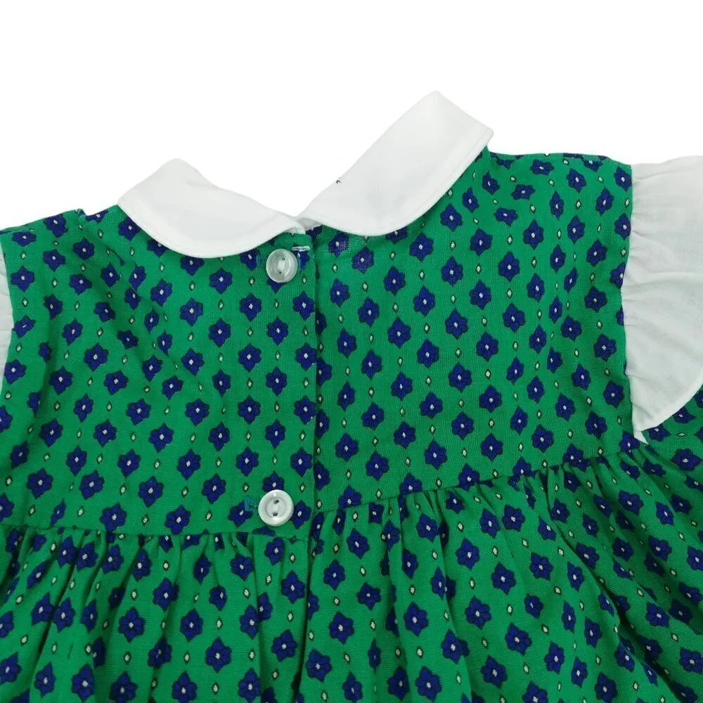 Vintage Sears Ruffle Collar Prairie Dress Size 20lbs 6-9 months Bow Floral Green
